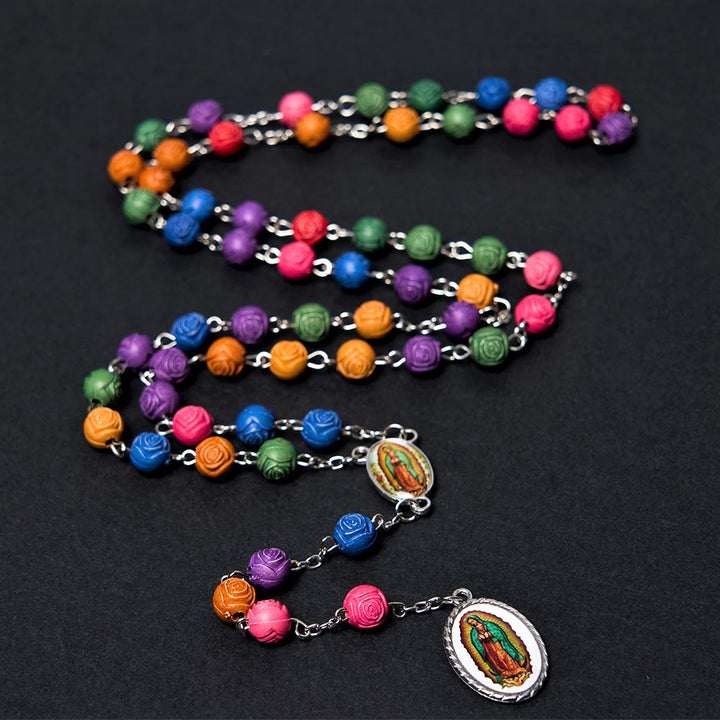 Christian Art Our Lady of Guadalupe & Crucifix of 8 mm Rose Multicolor Resin Alloy Chain Rosary