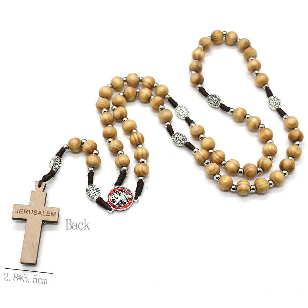 Catholic Crucifix Jesus St. Benedict Weave Pine Wood Beads Rosary