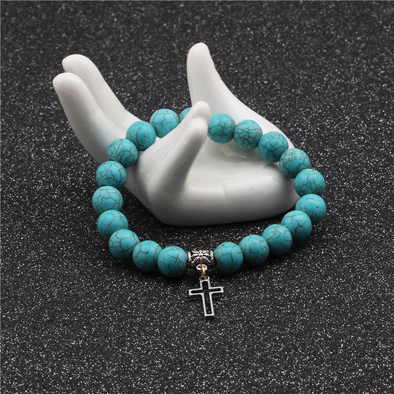10mm Turquoise Beads Christian Cross Bracelet
