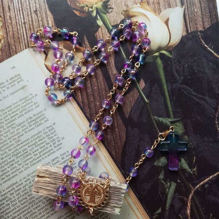 St. Benedict Purple Theme Glass Beads Rosary