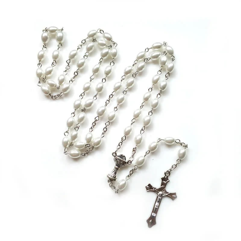 Holy Grail & Crucifix of 6*8 mm Oval White Pearl Alloy Chain Rosary