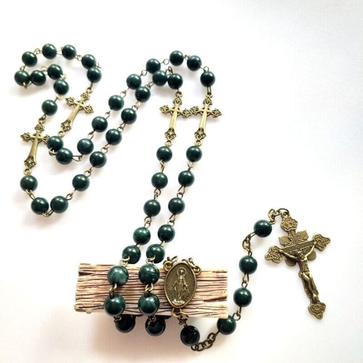 Miraculous Medal & Crucifix of 8 mm Round Green Acrylic Alloy Chain Rosary