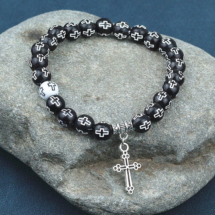 Christian Cross Printed Black & White Bead Bracelet