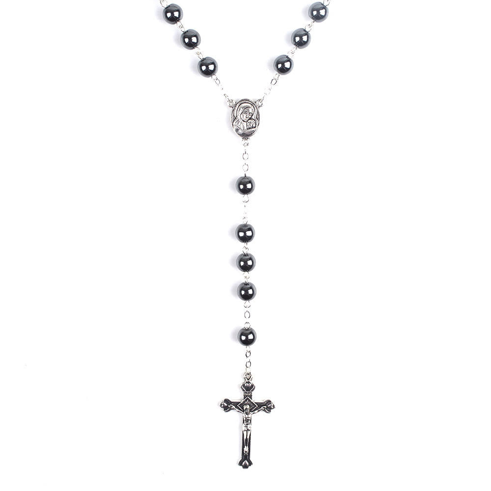 Christianartworkshop Madonna and Child & Crucifix of 8 mm Round Black Hematite Alloy Chain Rosary