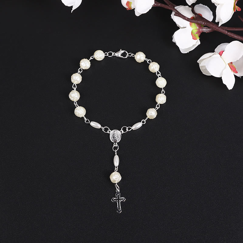 Rose Beads Cross Baptism Rosary Bracelet