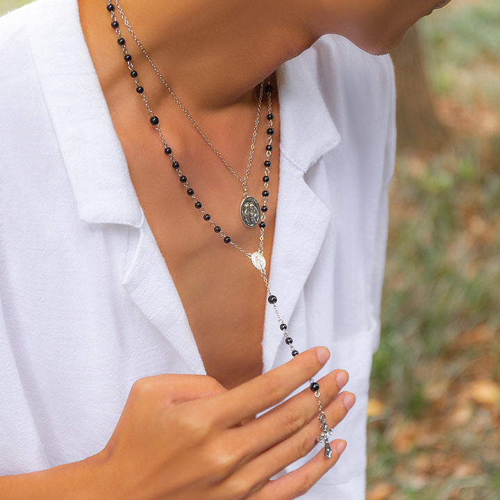 Discount Today: Christ Layered Cross Black Bead Necklace