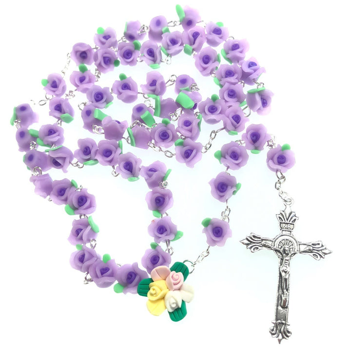 Christian Art Crucifix of 8 mm Rose Multicolor Polymer Clay Alloy Chain Rosary