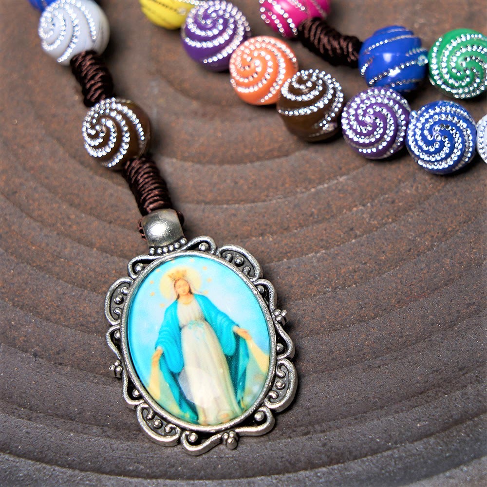 Christian Art Holy Grail & Miraculous Medal of 8 mm Round Multicolor Acrylic Nylon Cord Rosary