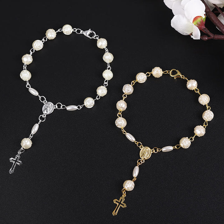 Rose Beads Cross Baptism Rosary Bracelet