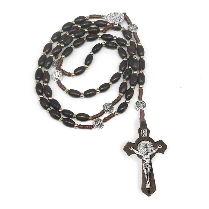 Christian Art St. Benedict Medal & Crucifix of 8*10 mm Oval Brown Wood Alloy Chain/Nylon Cord Rosary