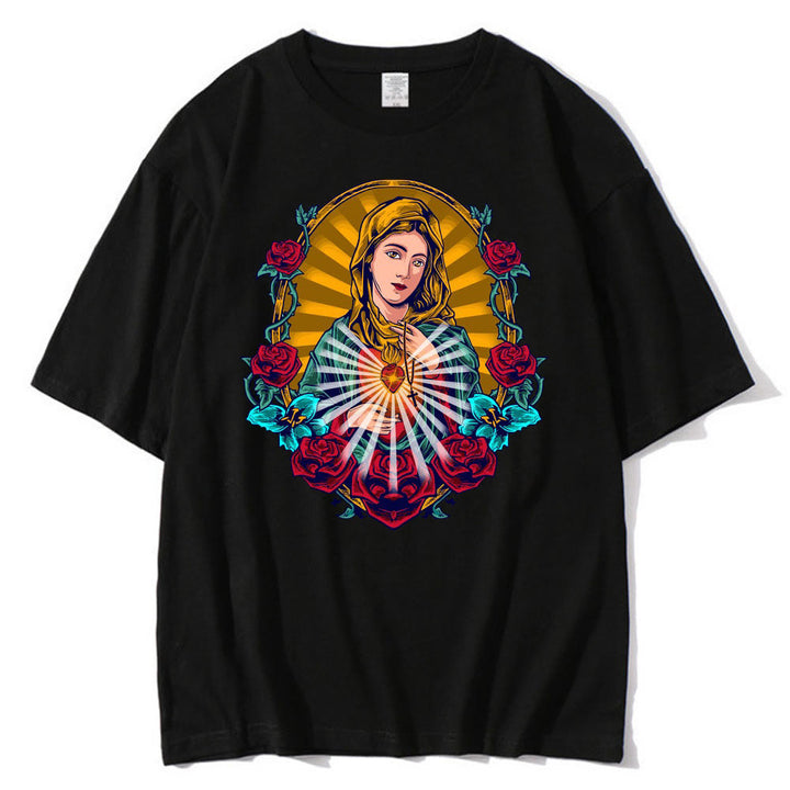 Christianartworkshop Classic Style Virgin Mary Theme Short Sleeve Washed T-shirt