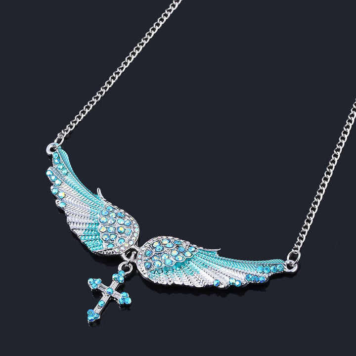 3 Color Angel Wings Cross Shiny Stone Necklace