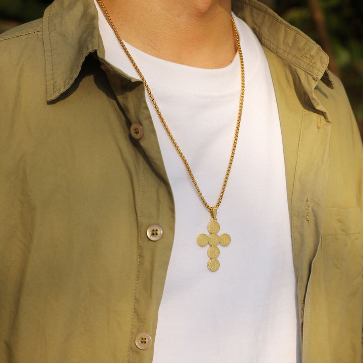 Round St. Benedict Cross Gold Pendant Necklace