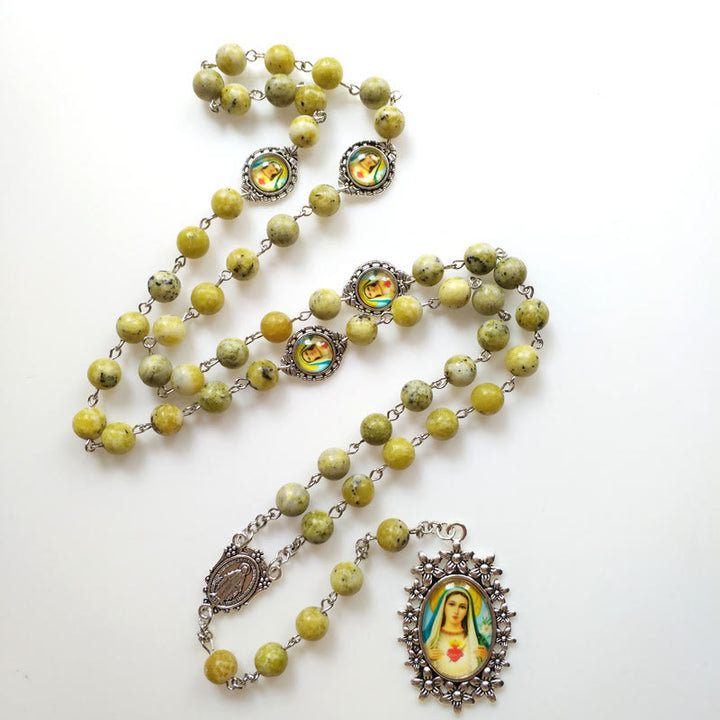 Christian Art Miraculous Medal & Immaculate Heart of Mary of 8 mm Round Yellow Variscite Alloy Chain Rosary