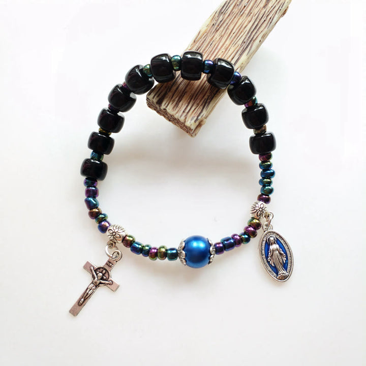 Christianartworkshop Blue Pearl Embellished Miraculous Mary & Crucifix Agate Bracelet