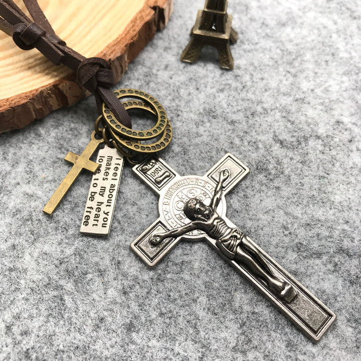Christian Crucifix Pendant Multi-element Leather Necklace
