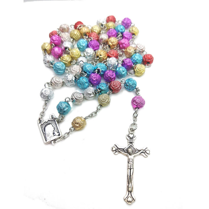 Christian Art Our Lady of Mount Carmel & Crucifix of 8 mm Rose Multicolor Acrylic Alloy Chain Rosary