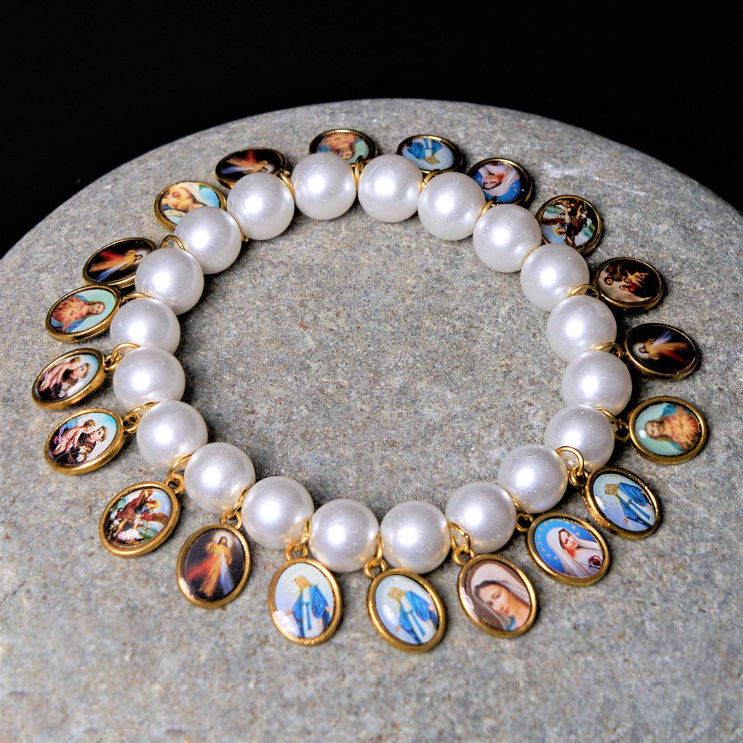 Christianartworkshop Retro Style Saint Jesus Mary Medals Cross Pearl Bracelet