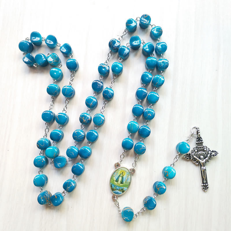 Christianartworkshop Our Lady of Guadalupe & Crucifix of 10 mm Polyhedron Peacock Blue Acrylic Alloy Chain Rosary