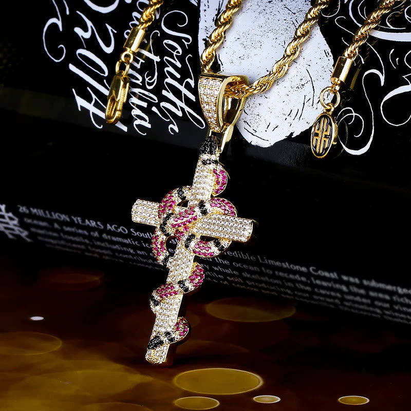 Sparkling Gold Cross Zirconia Pink Snake Pendant Necklace