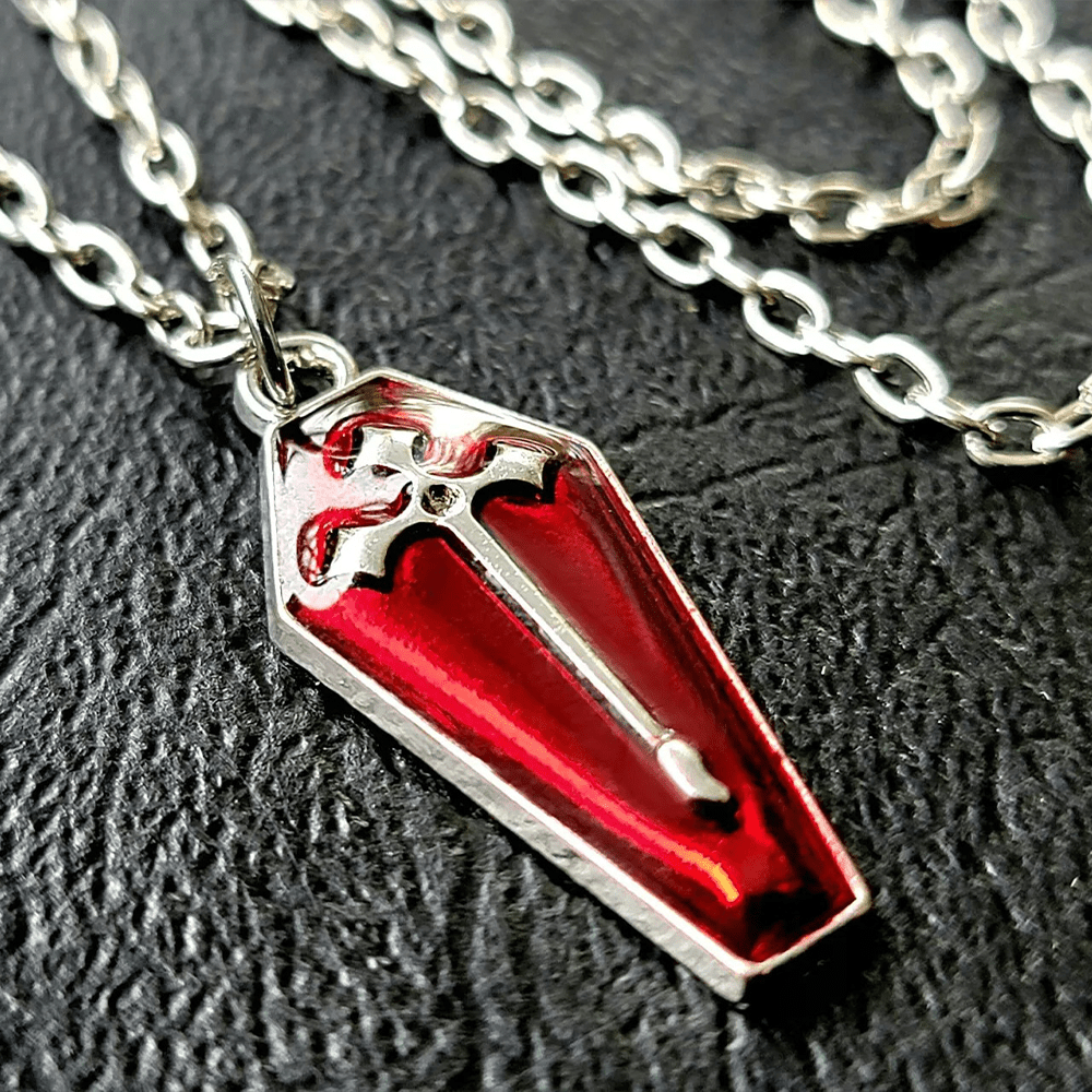 Christian Art Gothic Style Red Enamel Halloween Vampire Coffin Cross Necklace