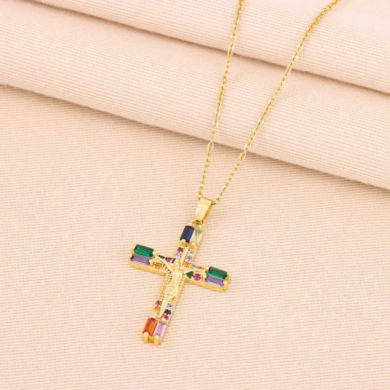 Retro Bohemian Style Colored Zirconia Cross Titanium Steel Necklace