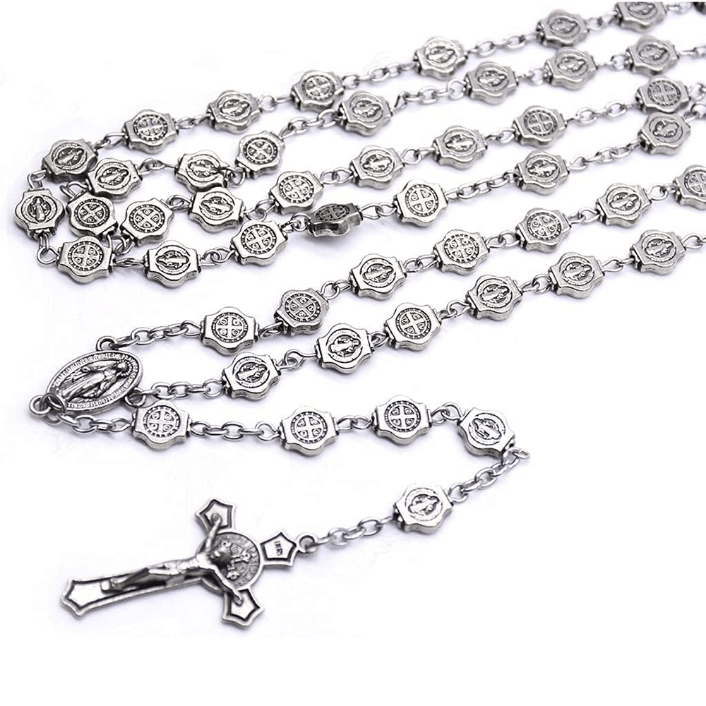 Christianartworkshop St. Benedict Medal & Crucifix of 8 mm Polyhedron Silver Metal Alloy Chain Rosary