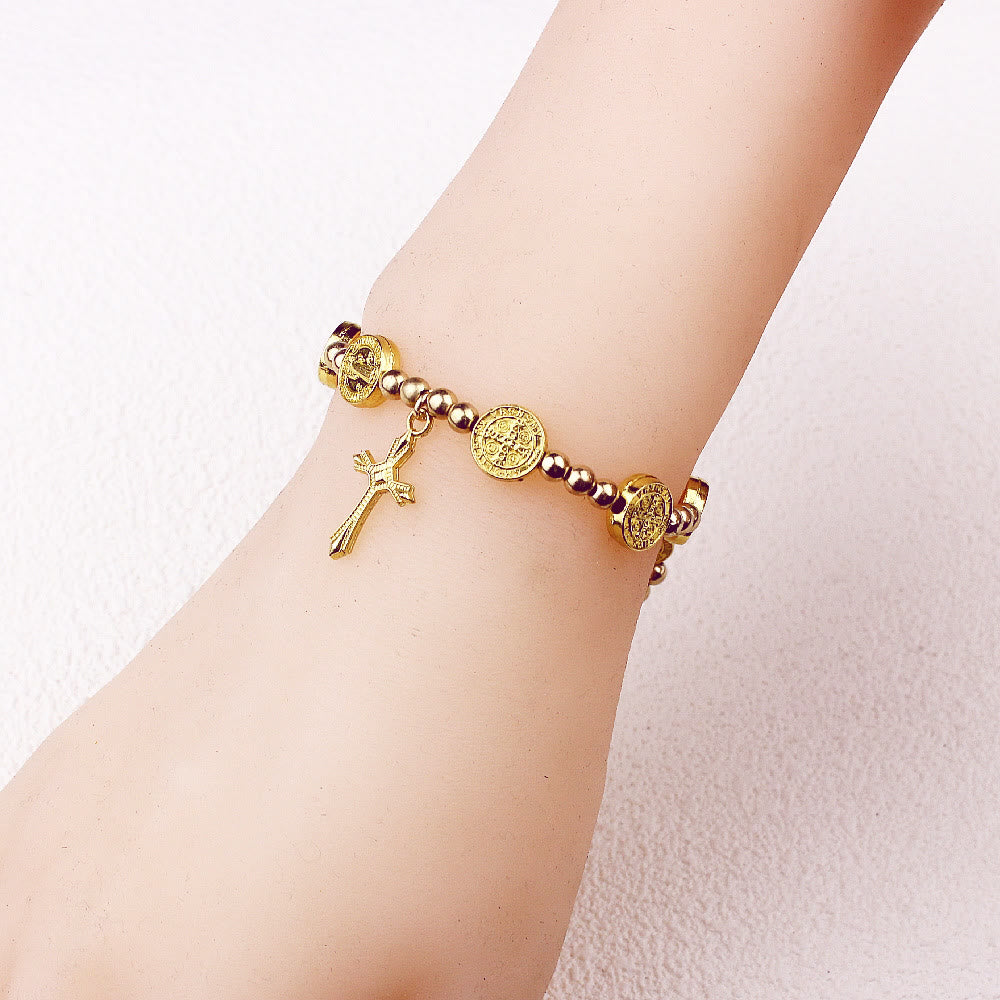 Christian Gold-tone St. Benedict Cross Stretch Bracelet