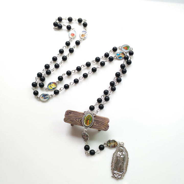 Christian Art Our Lady of Guadalupe of 6 mm Round Black Agate Alloy Chain Rosary