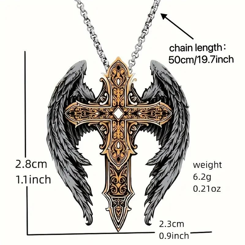 Christianartworkshop Heavy Style Protection Wings & Crafted Cross Alloy Necklace