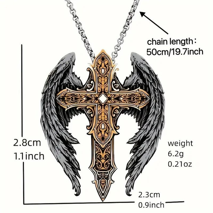 Heavy Style Protection Wings & Crafted Cross Alloy Necklace