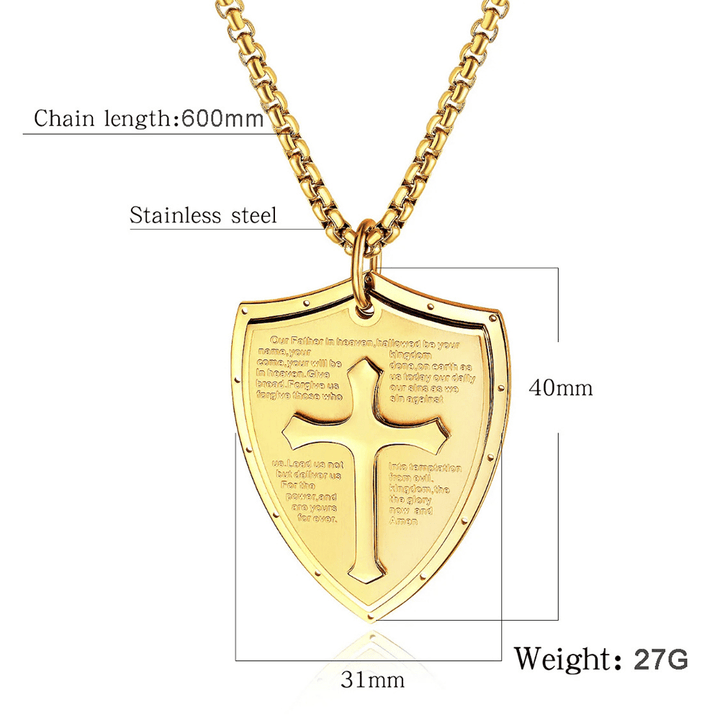 Stainless Steel Lords Prayer Cross Shield Pendant Necklace