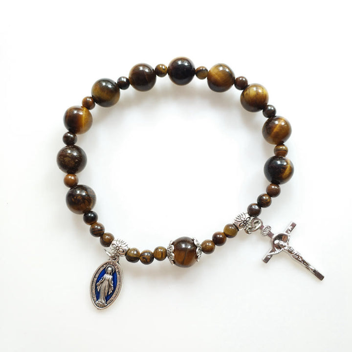 Jesus Cross & Miraculous Medal Tiger Eye Beaded Rosary Bracelet