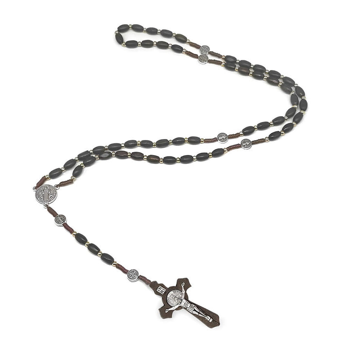 FREE Today: Christian Art St. Benedict Medal & Crucifix of 8*10 mm Oval Brown Wood Alloy Chain/Nylon Cord Rosary