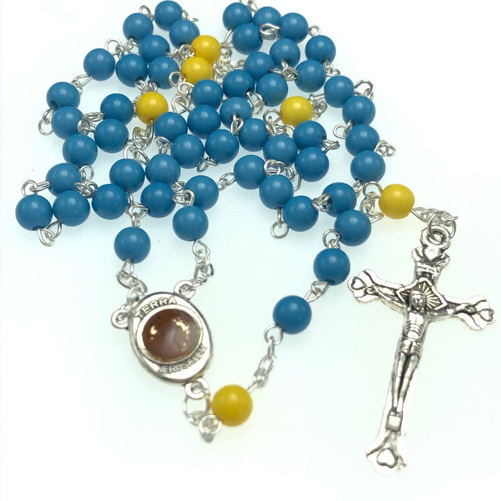 Christian Art Madonna and Child & Crucifix of 6 mm Round Blue Acrylic Alloy Chain Rosary