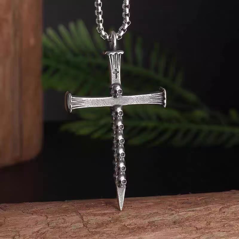 Titanium Steel Skull Nail Cross Pendant Necklace