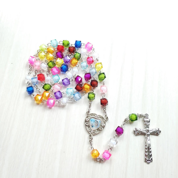 Our Lady of Peace & Crucifix of 8 mm Polyhedron Multicolor Acrylic Alloy Chain Rosary