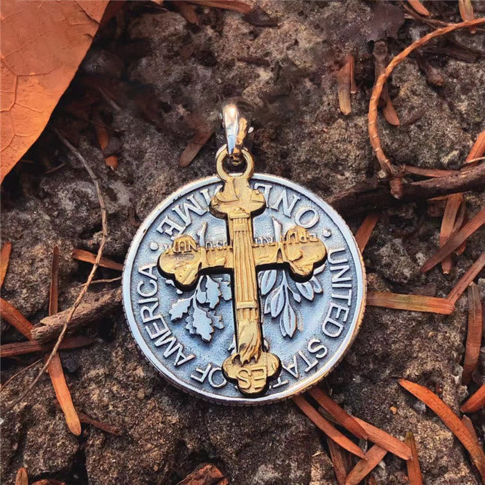 Vintage Double-sided Cross Coin Pendant Necklace