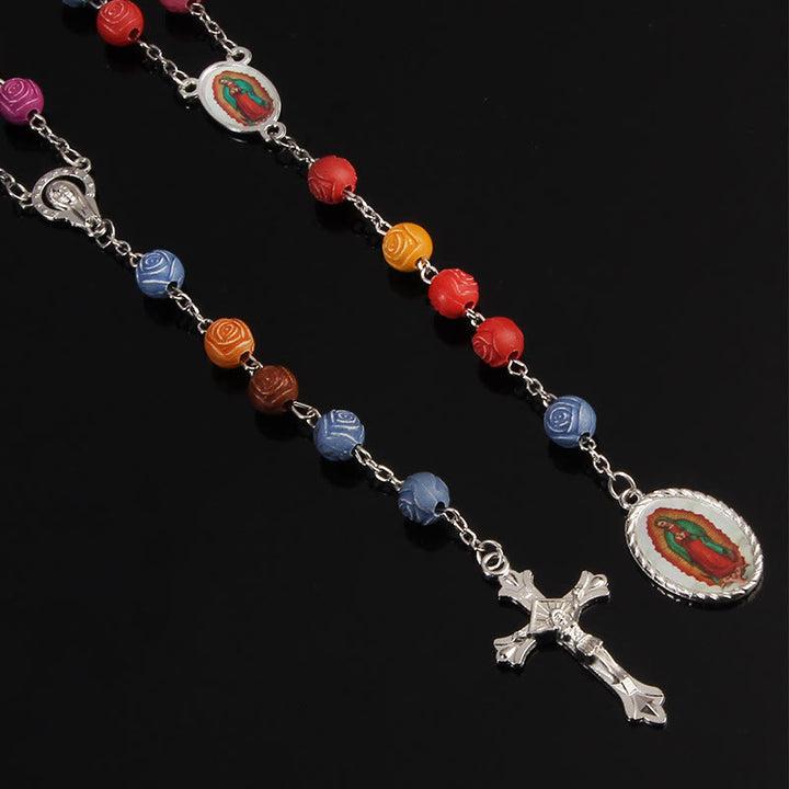 Christianartworkshop Our Lady of Guadalupe & Crucifix of 8 mm Rose Multicolor Resin Alloy Chain Rosary