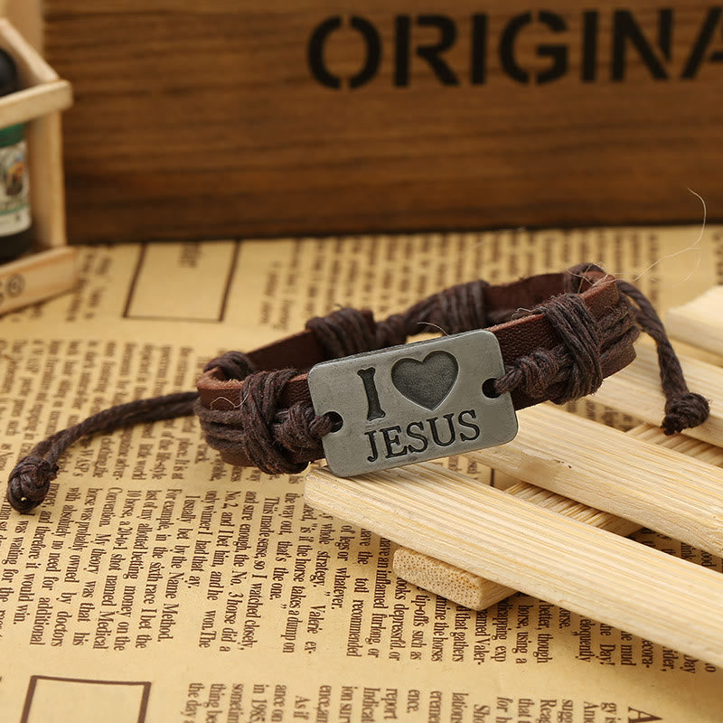 "I Love Jesus" Christian Jewelry Cross Adjustable Leather Bracelet