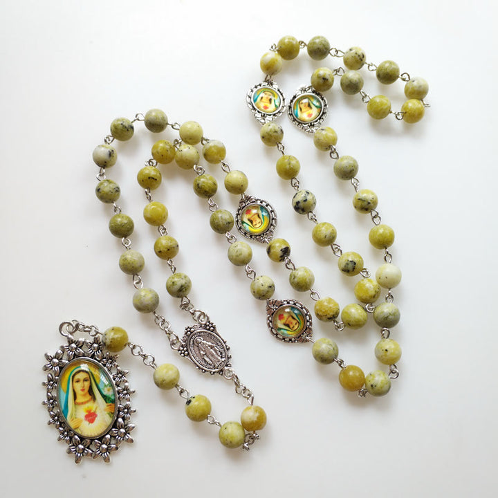 Christian Art Miraculous Medal & Immaculate Heart of Mary of 8 mm Round Yellow Variscite Alloy Chain Rosary