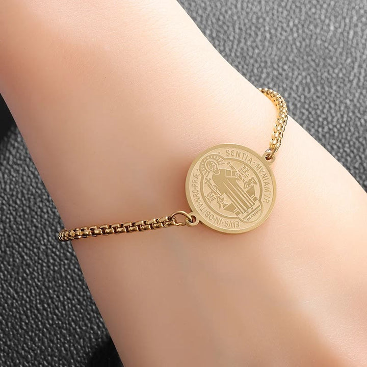 St. Benedict Engraved Medal Christian Adjustable Bracelet