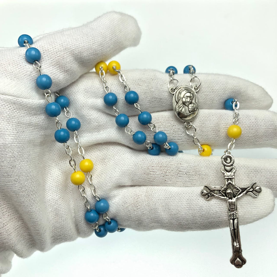 Christian Art Madonna and Child & Crucifix of 6 mm Round Blue Acrylic Alloy Chain Rosary