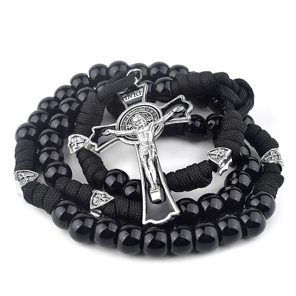 Fine Crafted Black Sturdy Umbrella Cord Crucifix Rosary