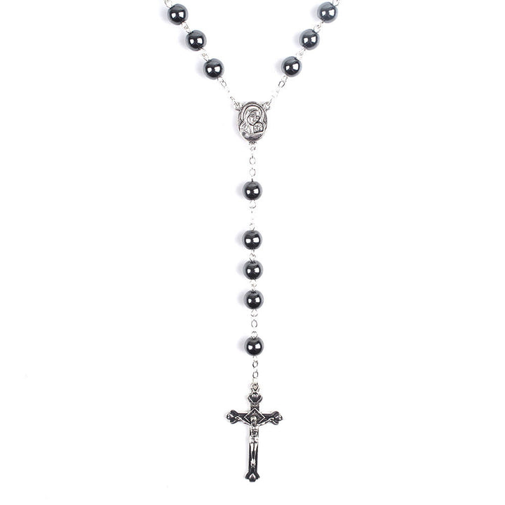 Discount Today: Christian Art Madonna and Child & Crucifix of 8 mm Round Black Hematite Alloy Chain Rosary