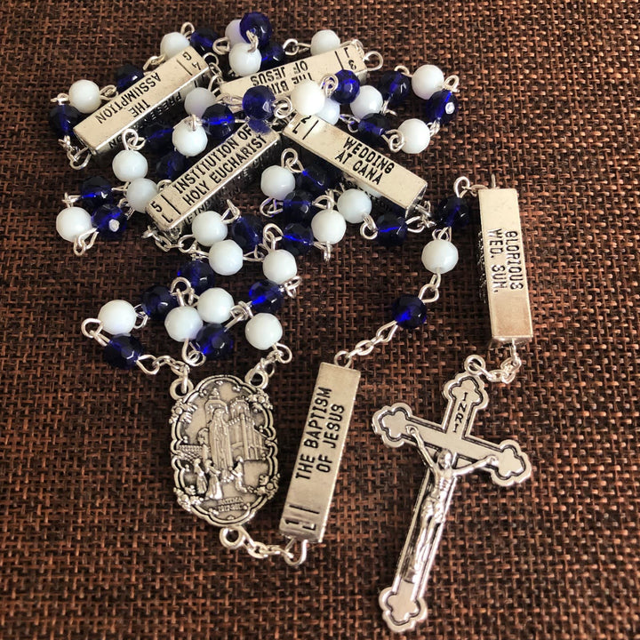 Blue & White Glass Beads Crucifix Jesus Rosary
