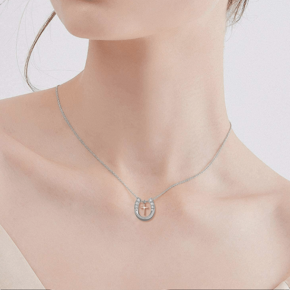 Christianartworkshop Minimalist Style Hollow Horseshoe Cross Pendant Necklace