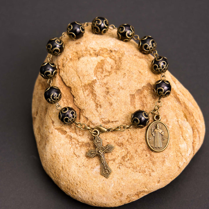 Crafted Retro Black St. Benedict Medal & Crucifix Rosary Bracelet