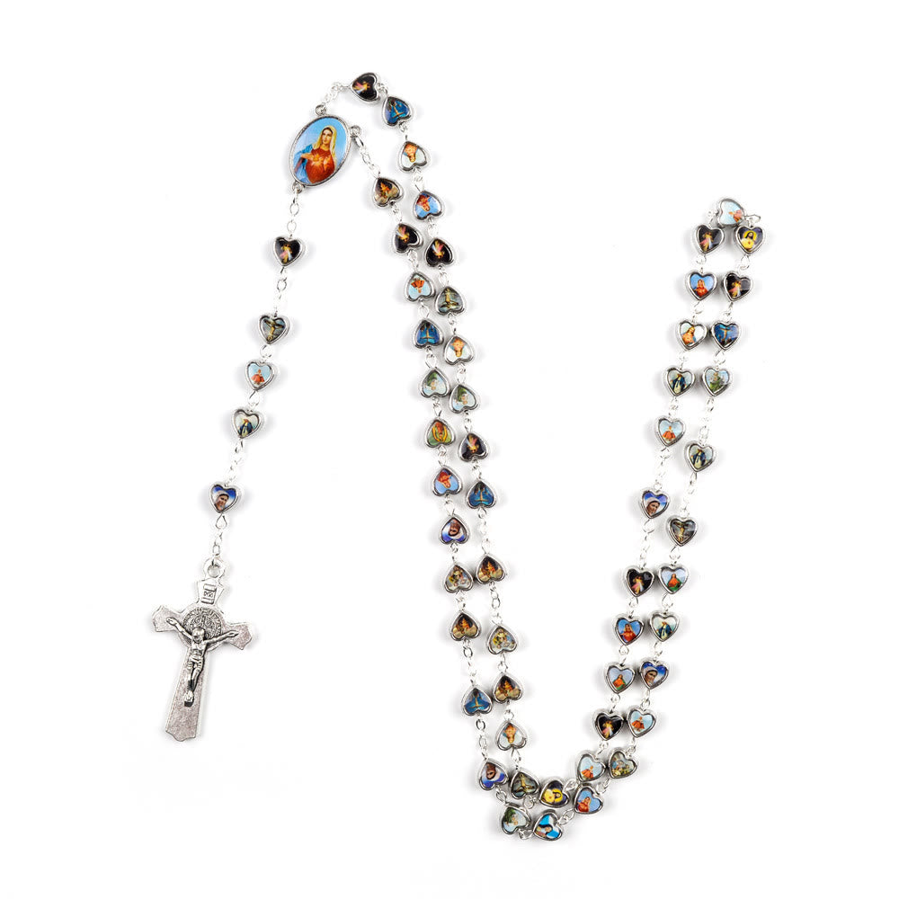 Discount Today: Christian Art Immaculate Heart of Mary & Crucifix of 9*8 mm Heart Multicolor Acrylic Alloy Chain Rosary