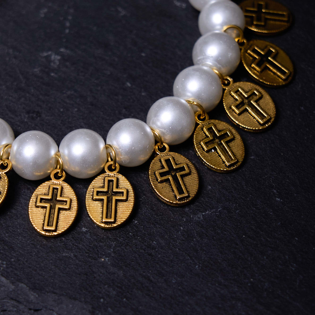 Christian Art Retro Style Saint Jesus Mary Medals Cross Pearl Bracelet